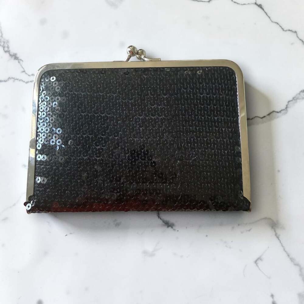 Black Sequin Kiss Lock Frame Wallet Clutch with Card Slots